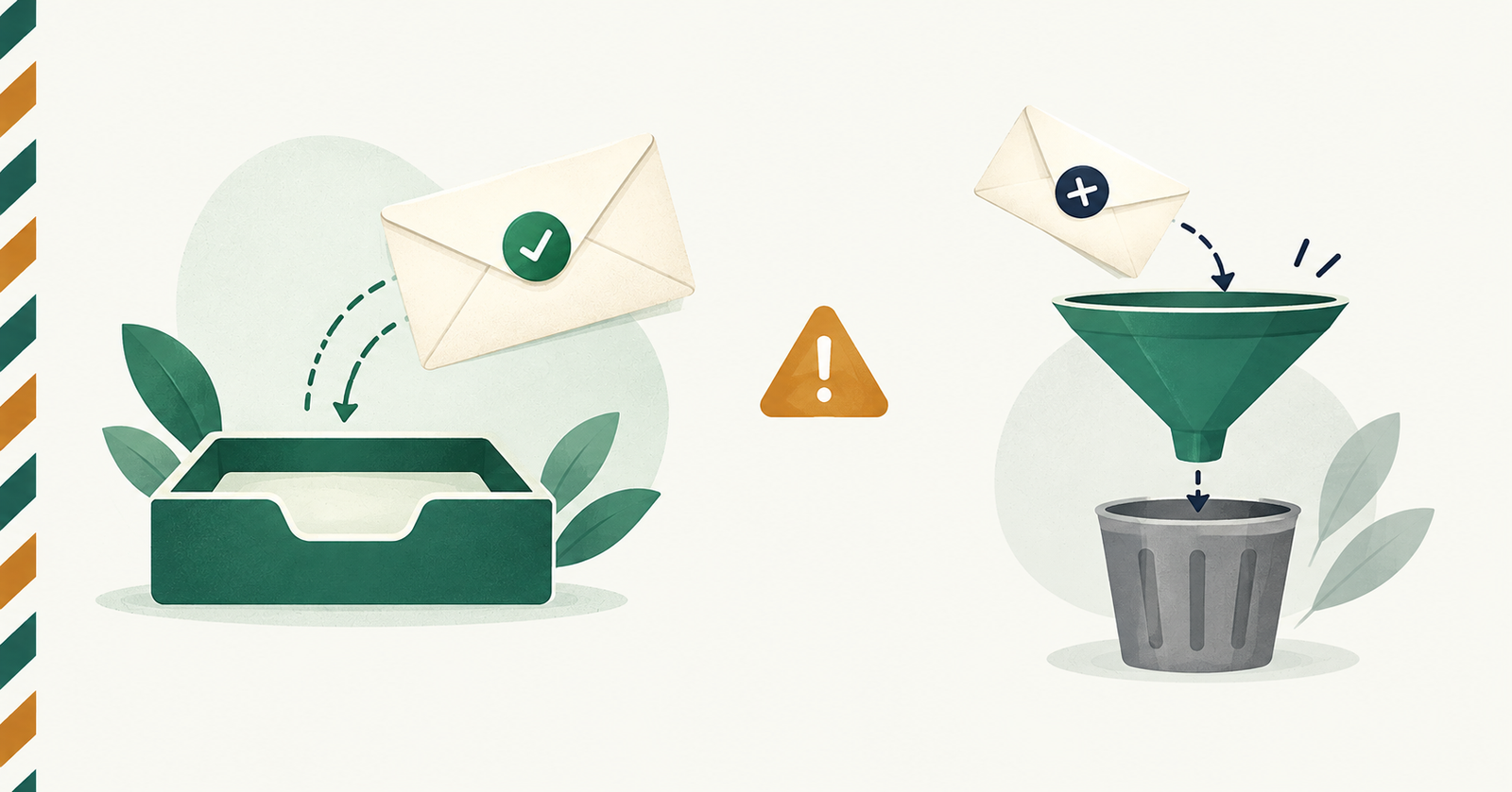 Email envelopes being sorted by a filter into the inbox or the spam folder