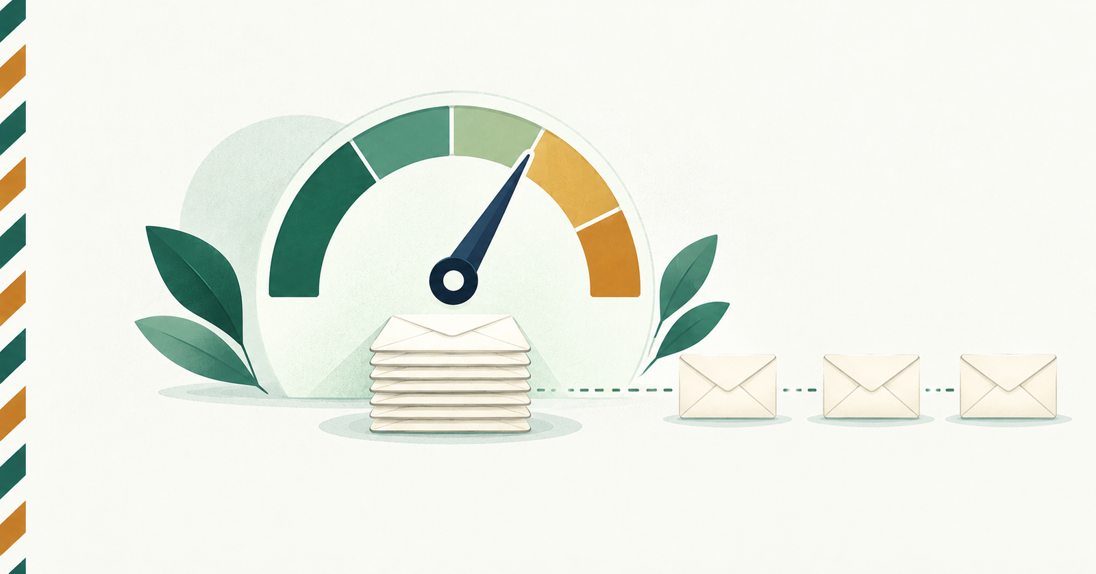 A gauge showing a daily email sending limit with envelopes queued beside it